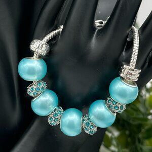 Pandora Style Frosted Blue Charm Bracelet in Silver With Rhinestones, NWOT